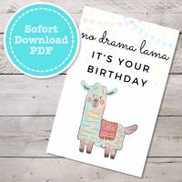 Geburtstagskarte No Drama Lama mit Umschlag als sofort Download PDF Bild 1
