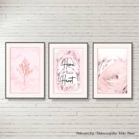 *Home* 3er Set in Rosè Handlettering Print Poster Kunstdruck Bild mit Spruch Zitat Frühlingsblumen Bild 1