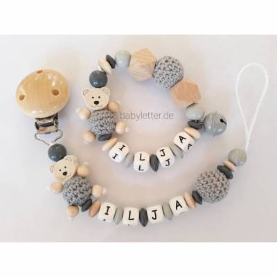 Schnullerkette mit Namen, Bär, passender Greifling