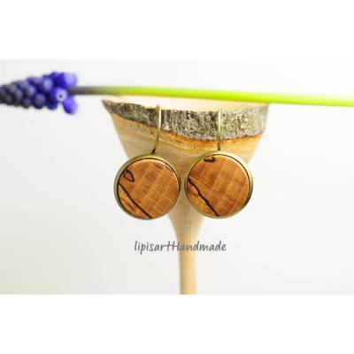 Holzohrringe – Große Kreise Buche gestockt gedrechselt gefaßt Brisur bronzefarben