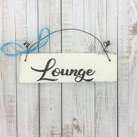 Holzschild Türschild „Lounge“ Wohnzimmer Deko Vintage Scandi Style handgemacht Tür Zuhause Hängedekoration Dekor weiß Bild 1