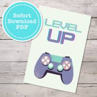 Level Up Geburtstagskarte Gamer Girl sofort Download, PDF Bild 1