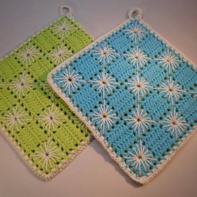 Topflappen Baumwolle türkis/ hellgrün 2 Stück gehäkelt