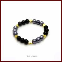 Perlen-Armband "Coralie" schwarz/grau mit vergoldeten Herzen, elastisch Bild 1