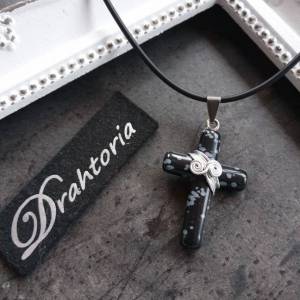 DRAHTORIA Kreuz aus Schneeflocken - Obsidian mit feinem Aludraht in silber umdrahtet Jesus Gott Leben Edelstein Religion Bild 1