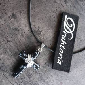 DRAHTORIA Kreuz aus Schneeflocken - Obsidian mit feinem Aludraht in silber umdrahtet Jesus Gott Leben Edelstein Religion Bild 2