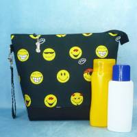 schwarze Projekttasche Gr. L mit gelben Smileys | Handarbeitstasche mit Reißverschluss | extra hoher Kulturbeutel Bild 3