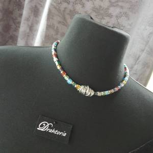 DRAHTORIA Kette Halskette mit Glasperlen Würfel multicolor Aludraht Edelstahl orange gelb grün blau rot silber facettier Bild 4