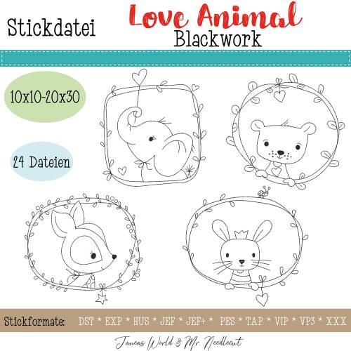 Digitale Stickdatei Janeas World Love Animal Blackwork für den 10x10 - 20x30 cm (4x4 - 8x12") Stickrahmen