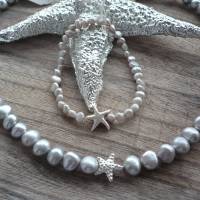 Handgefertigte Süßwasser Perlenkette mit Echt Silber Seestern,Unikat,Silber-Graue Perlenkette,moderne Perlenkette,Brauts Bild 1