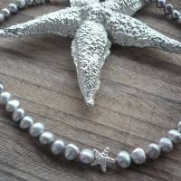 Handgefertigte Süßwasser Perlenkette mit Echt Silber Seestern,Unikat,Silber-Graue Perlenkette,moderne Perlenkette,Brauts Bild 10
