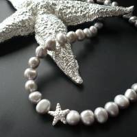 Handgefertigte Süßwasser Perlenkette mit Echt Silber Seestern,Unikat,Silber-Graue Perlenkette,moderne Perlenkette,Brauts Bild 2