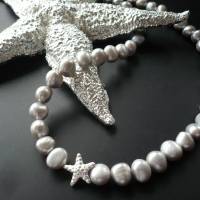 Handgefertigte Süßwasser Perlenkette mit Echt Silber Seestern,Unikat,Silber-Graue Perlenkette,moderne Perlenkette,Brauts Bild 3