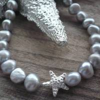 Handgefertigte Süßwasser Perlenkette mit Echt Silber Seestern,Unikat,Silber-Graue Perlenkette,moderne Perlenkette,Brauts Bild 4