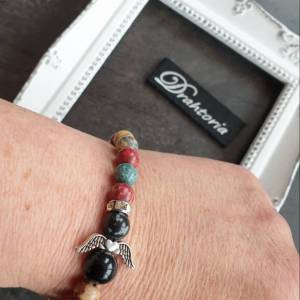 DRAHTORIA Schutzengel Armband mit kaiserlichem Jaspis Schneeflocken - Obsidian und Strass Edelstahl Perlen Herz Engel Bild 2