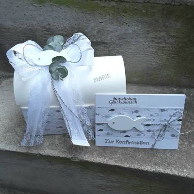 Geschenkbox + Karte Geldgeschenk zur Kommunion oder Konfirmation silber weiß personalisiert Eukalyptus