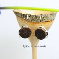 Holzohrringe – Ohrhänger Holz schwarz Nuss Scheibe gedrechselt Klappbrisur silberfarben ∅ 14 mm Bild 2
