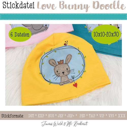 Digitale Stickdatei Janeas World Love Bunny Doodle für den 10x10 - 20x30 cm (4x4 - 8x12") Stickrahmen