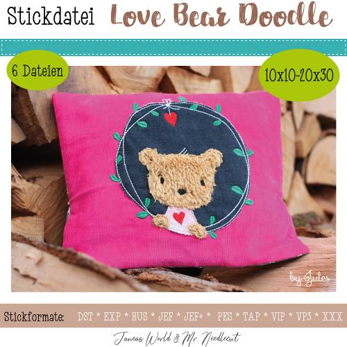 Digitale Stickdatei Janeas World Love Bear Doodle für den 10x10 - 20x30 cm (4x4 - 8x12") Stickrahmen