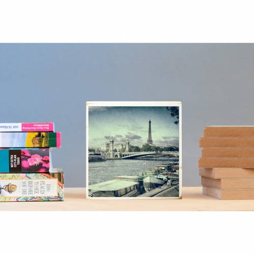 Paris , Eiffelturm, Seine, Foto auf Holz 22x22 cm, handmade