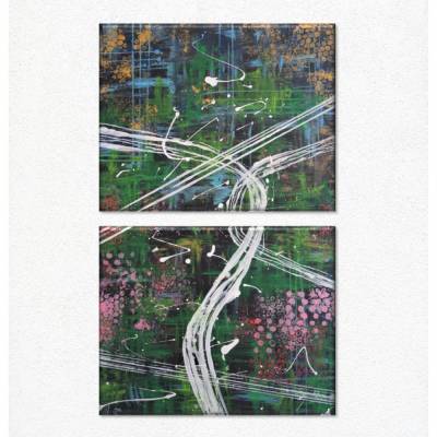 Modernes zweiteiliges Acrylgemälde Stadt bei Nacht | original Kunstwerk bunt | abstrakte Kunst auf Leinwand 50x80cm