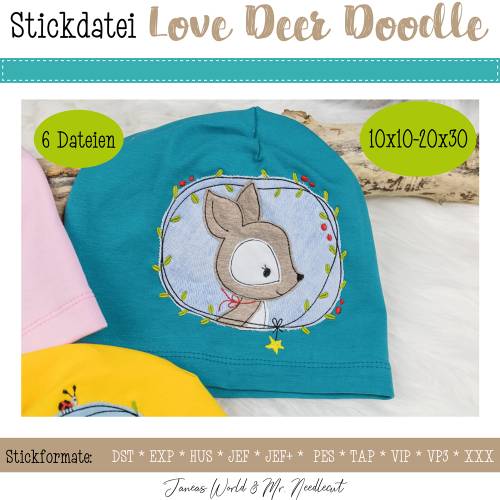 Digitale Stickdatei Janeas World Love Deer Doodle für den 10x10 - 20x30 cm (4x4 - 8x12") Stickrahmen