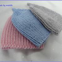 Neugeborenenmütze, handgestrickt aus Wolle (Merino), Blau, Rosa, Grau Bild 3