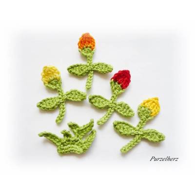 Häkelblume mit Blättern - 1 Rose nach Wahl,Tulpe,Rose,Knospe,Häkelapplikation,Tischdeko,Aufnäher,rot,grün