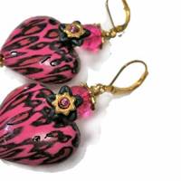 Ohrringe handgemacht aus Acryl Herz pink schwarz mit Blüte Geschenk Danke Erzieherin Freundin Bild 4
