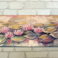 WHISPERING WATERLILIES - abstraktes Acrylgemälde aus meiner Serie "Magic Waterlily Ponds" 90cm x 30cm Bild 1