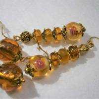 Ohrringe rosa Rosen beige hellbraun Set 2 Paar Glasperlen goldfarben Herbst handgemacht Braut Schmuck Bild 3
