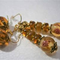 Ohrringe rosa Rosen beige hellbraun Set 2 Paar Glasperlen goldfarben Herbst handgemacht Braut Schmuck Bild 7
