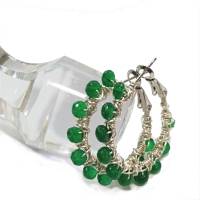 Funkelnde Ohrringe Achat grün Creolen 35 Millimeter handgemacht in wirework silberfarben  boho Geschenk Bild 1