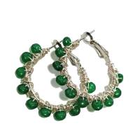 Funkelnde Ohrringe Achat grün Creolen 35 Millimeter handgemacht in wirework silberfarben  boho Geschenk Bild 3