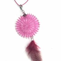 TRAUMFÄNGER Ohrringe und/oder Anhänger, fingergestrickt, Pink mit Federn, ab Bild 5