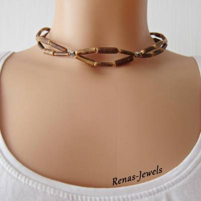 Choker Kette Kropfband Kropfkette Halsband zweireihig braun Kokosnuss Perlen