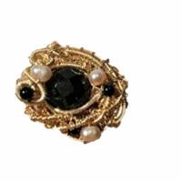Ring handgemacht mit Onyx schwarz und Mini Perlen rosa verstellbar in wirework goldfarben Bild 3