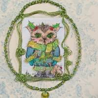 Katze mit Ilex und Schal handgemalt Minibild 80 x 110 Millimeter Aquarell laminiert Winterdeko Geschenk Bild 7