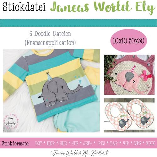 Digitale Stickdatei Janeas World Ely Doodle für den 10x10 - 20x30 cm (4x4 - 8x12") Stickrahmen