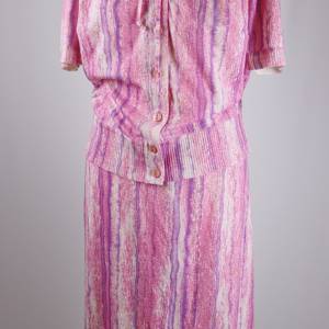 True Vintage Zweiteilig Strick Kostüm Größe 42 L Rosa Weiß Lila Midirock Bluse 50er Feinstrick Bild 2