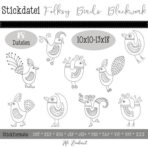 Digitale Stickserie Folksy Birds Blackwork 10x10 - 13x18 cm (4x4 - 5x7") Stickrahmen