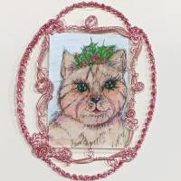 Katze mit Ilex Krone Minibild handgemalt funkelnd gerahmt niedliche Deko Weihnachtsgeschenk Katzenmama Bild 8