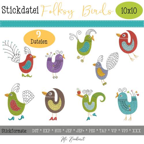 Digitale Stickserie Folksy Birds 10x10 cm (4x4") Stickrahmen