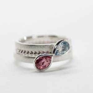 Ring mit rosa Turmalin oder Aquamarin Tropfen, Silber 925, Goldschmiedearbeit Bild 1
