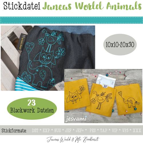 Digitale Stickdatei Janeas World Animals Blackwork für den 10x10 - 20x30 cm (4x4 - 8x12") Stickrahmen