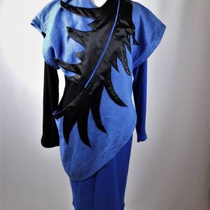 Power 80er True Vintage Designer Kostüm Damen Anzug Kleid Größe Royalblau Schwarz Schärpe Bild 1