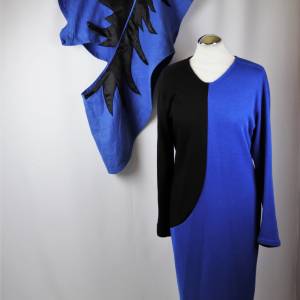 Power 80er True Vintage Designer Kostüm Damen Anzug Kleid Größe Royalblau Schwarz Schärpe Bild 2