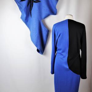 Power 80er True Vintage Designer Kostüm Damen Anzug Kleid Größe Royalblau Schwarz Schärpe Bild 3
