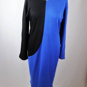 Power 80er True Vintage Designer Kostüm Damen Anzug Kleid Größe Royalblau Schwarz Schärpe Bild 4