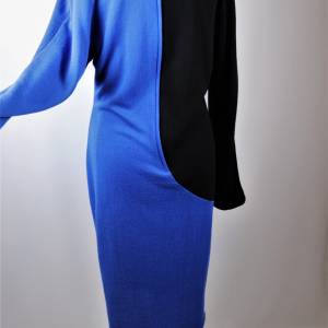 Power 80er True Vintage Designer Kostüm Damen Anzug Kleid Größe Royalblau Schwarz Schärpe Bild 6